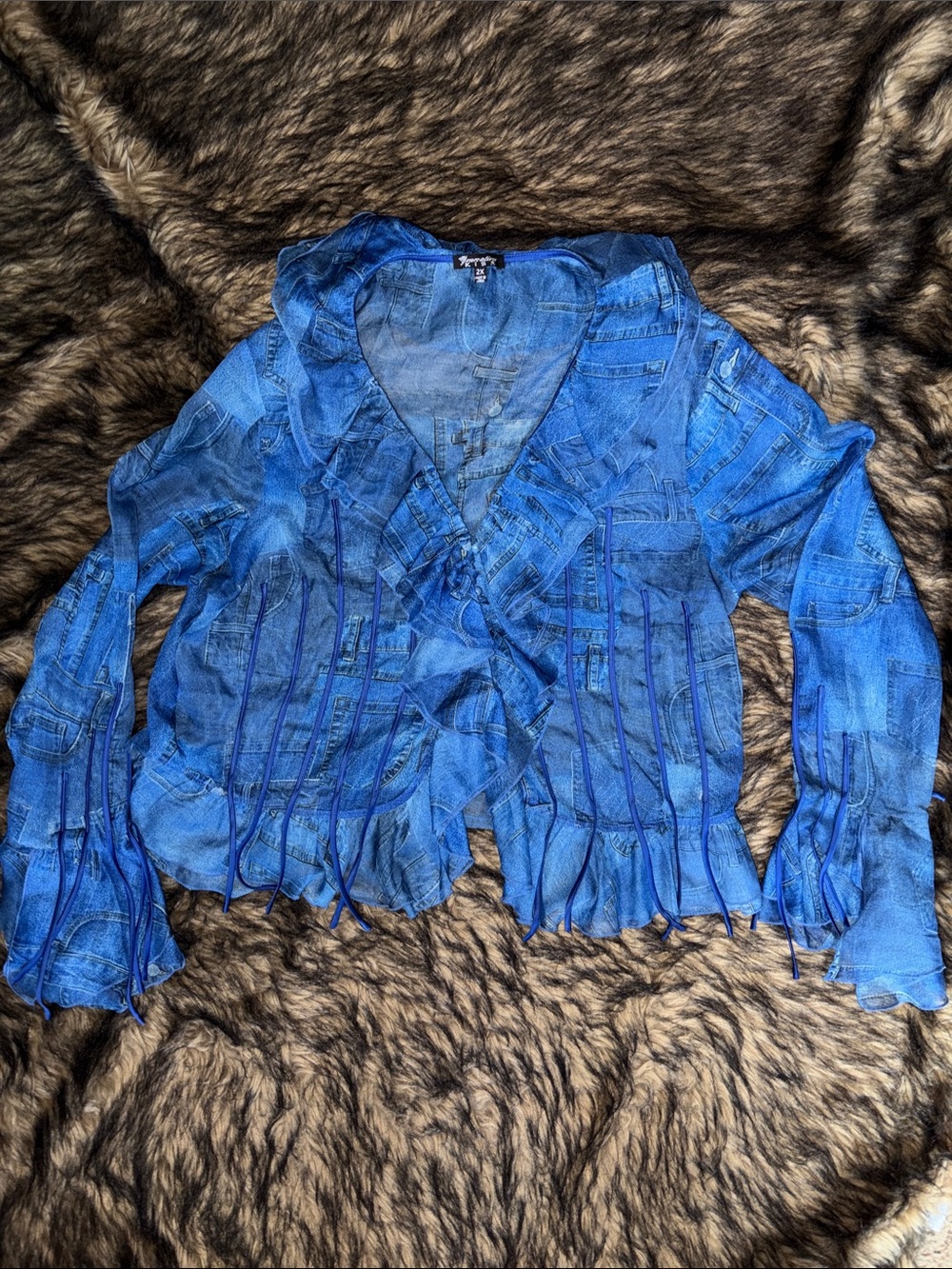 Generation Kiss - Y2K Blue Ruffle-Trim Women's Blouse with Fringe Detail Size 2X